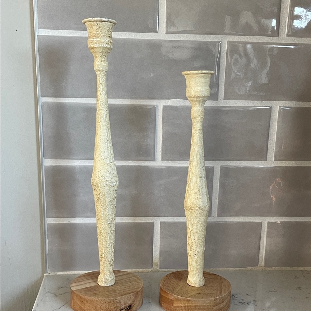 Elegant Cream Candle Holders, metal and wood.